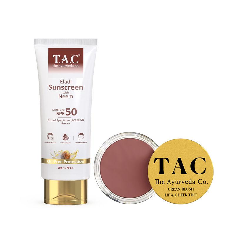 tac - the ayurveda co. spf 50 sunscreen & urban blush lip & cheek tint