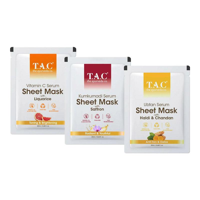 tac - the ayurveda co. vitamin c, ubtan & kumkumadi serum sheet mask - pack of 3