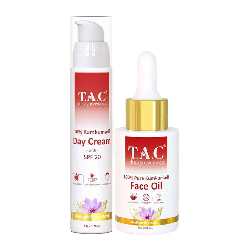 tac - the ayurveda co. 10% kumkumadi face oil & 10% kumkumadi day cream spf 20 for glowing skin