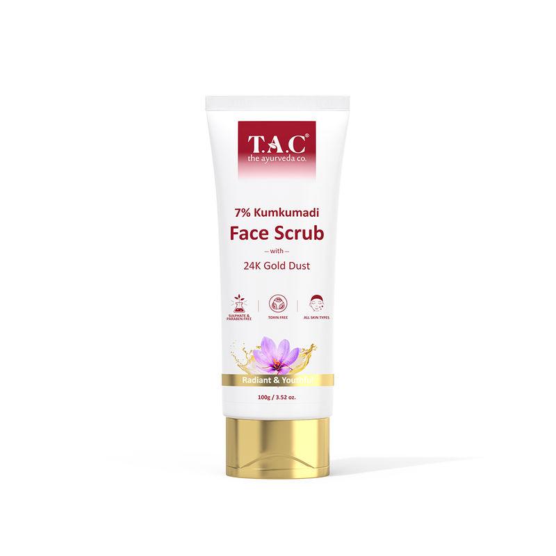 tac - the ayurveda co. 7% kumkumadi face scrub with 24k gold dust & saffron, exfoliate & blackheads