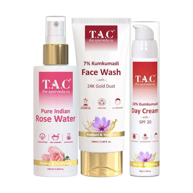 tac - the ayurveda co. 7% kumkumadi face wash, pure indian rose water & day cream with spf 20