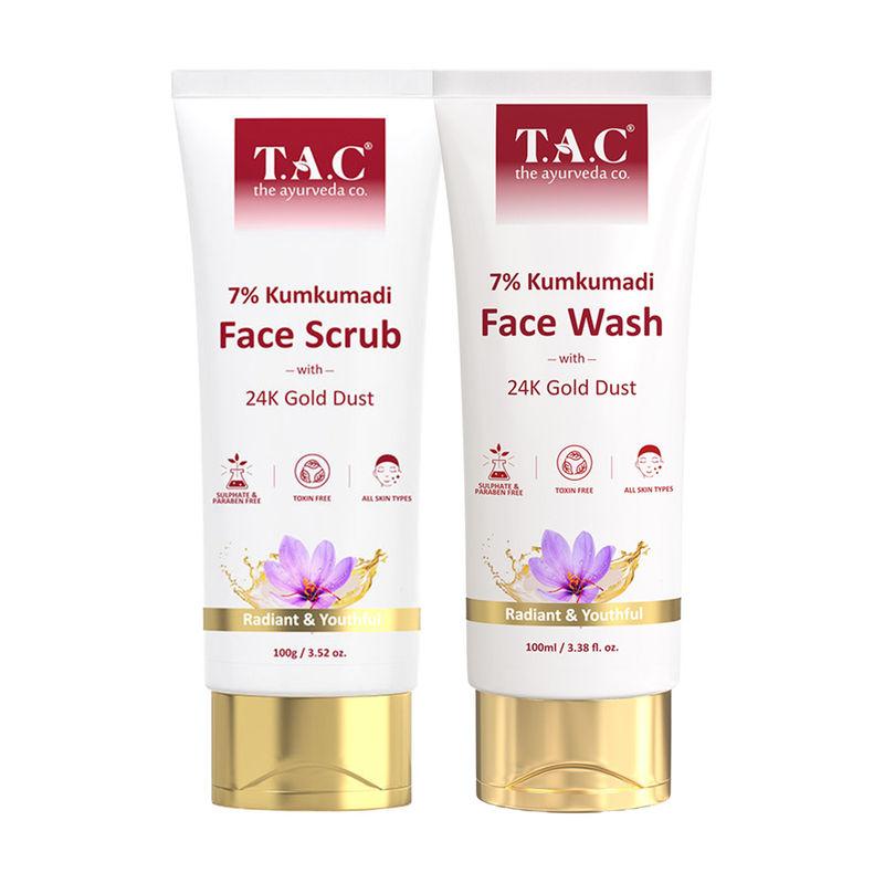 tac - the ayurveda co. 7% kumkumadi face wash & face scrub with 24k gold dust for youthful skin