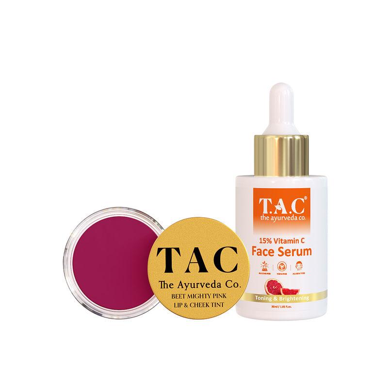 tac - the ayurveda co. beet mighty pink lip & cheek tint & vitamin c face serum|hyaluronic acid