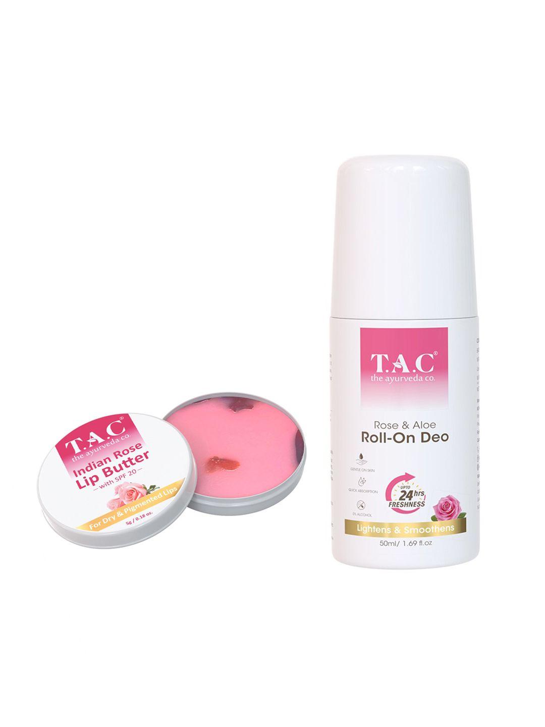 tac - the ayurveda co. combo of rose & aloe roll on deo 250 ml & india rose lip butter 5g