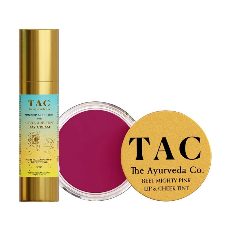 tac - the ayurveda co. day cream with spf 15 & beet mighty lip and cheek tint, shea butter lip stain