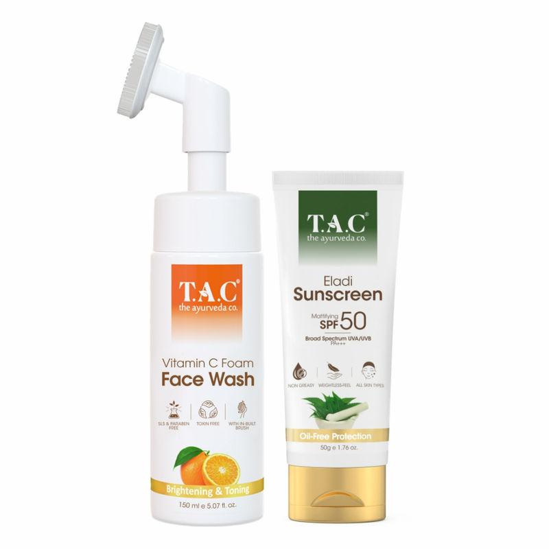 tac - the ayurveda co. eladi sunscreen, matifying spf 50 and ubtan face wash for skin cleansing