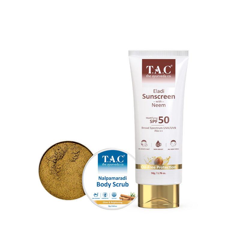 tac - the ayurveda co. eladi triphla & hemp seed oil body polisher scrub & spf 50 pa+++ sunscreen