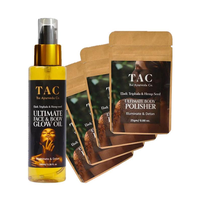 tac - the ayurveda co. eladi triphla hemp seed body scrub and face & body oil for glow & detan