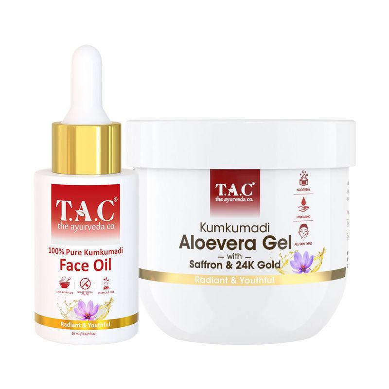 tac - the ayurveda co. kumkumadi face oil & aloevera gel with 24k gold flakes for youthful skin