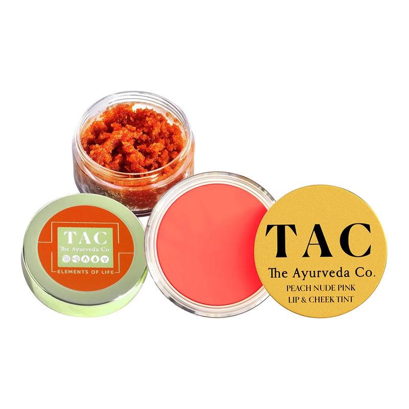 tac - the ayurveda co. peach lip and cheek tint & vitamin c lip scrub with shea butter lip stain