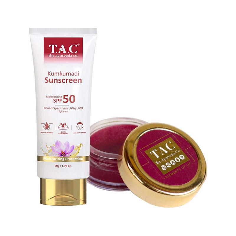 tac - the ayurveda co. spf 50 sunscreen for anti tan & beetroot lip balm with spf 20