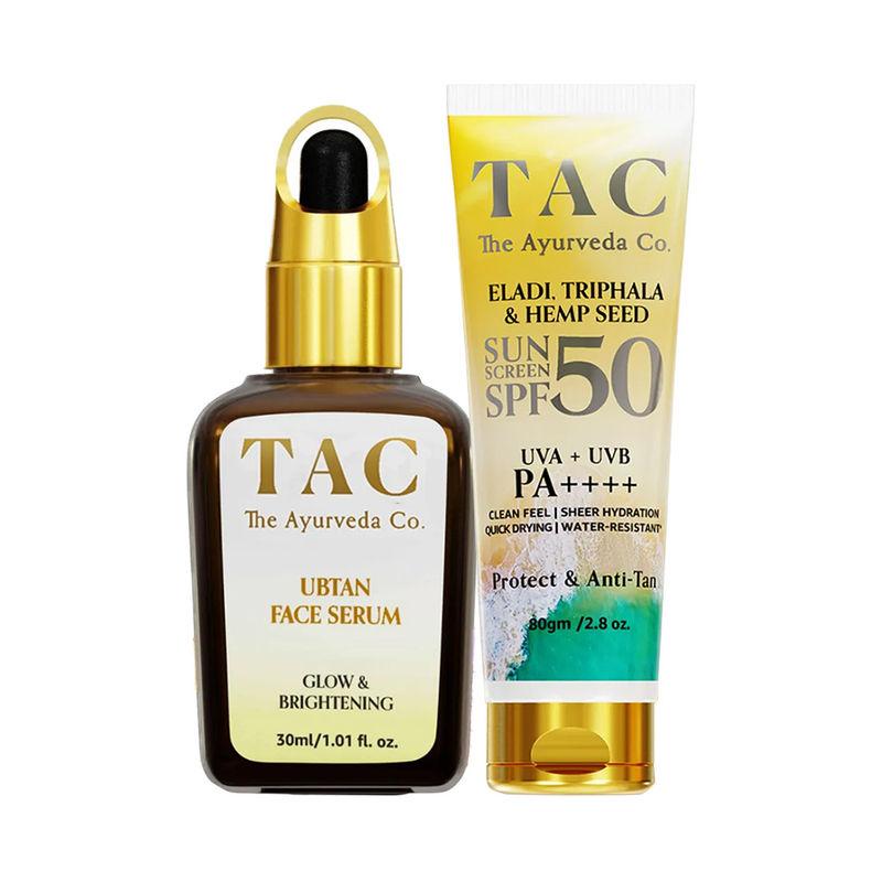 tac - the ayurveda co. spf 50 sunscreen uva uvb sun protection & ubtan face serum for brightening