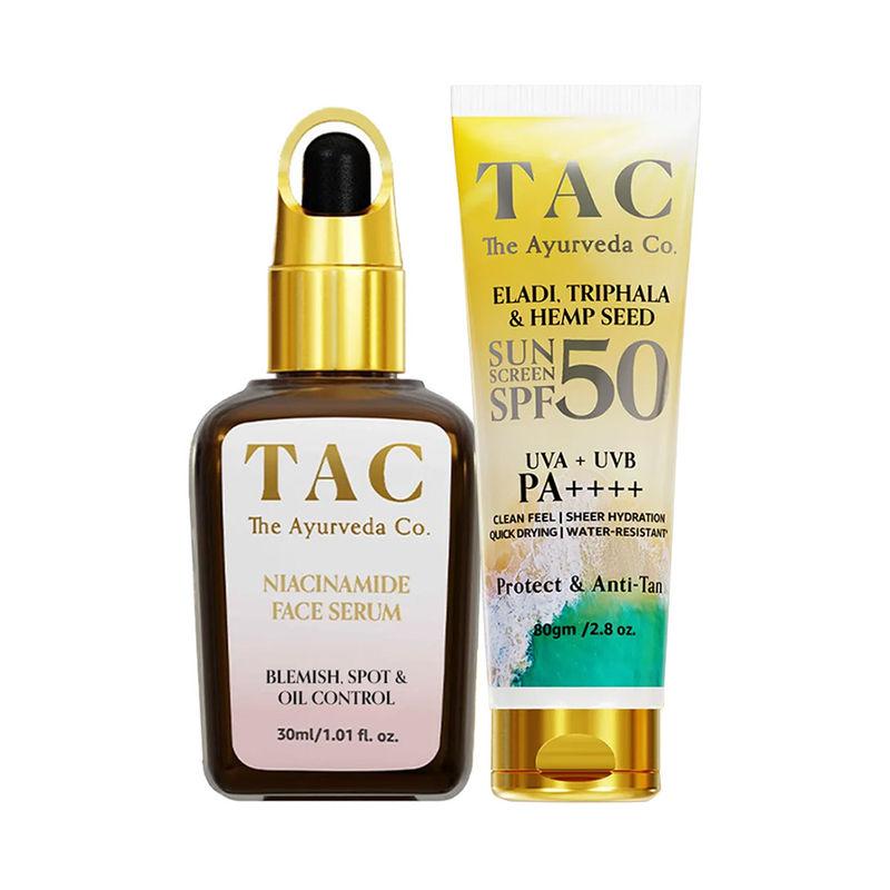 tac - the ayurveda co. spf 50 sunscreen uva uvb sun protection &niacinamide face serum for anti acne
