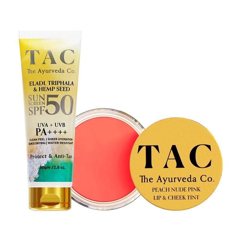 tac - the ayurveda co. sunscreen spf 50 & peach nude pink lip and cheek tint,shea butter lip stain