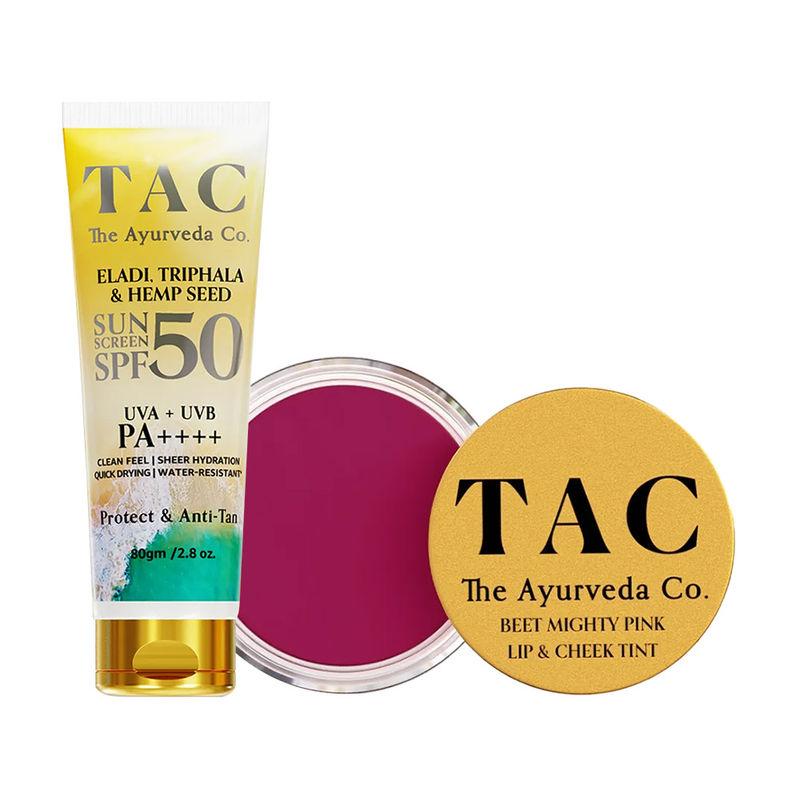 tac - the ayurveda co. sunscreen spf 50 pa++++ & beet lip and cheek tint,shea butter lip stain