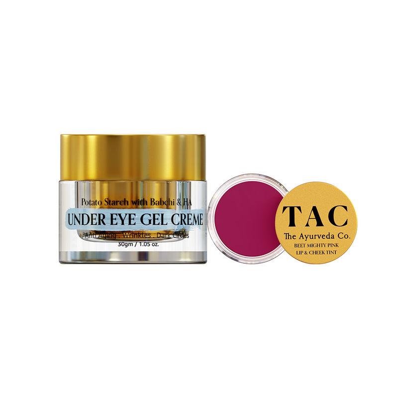 tac - the ayurveda co. under eye cream with bakuchi oil & beet mighty pink lip, cheek & eye tint