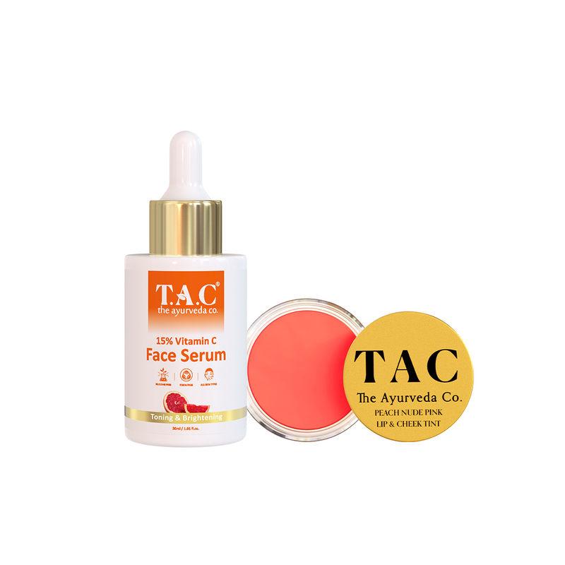 tac - the ayurveda co. vitamin c serum for face with hyaluronic acid & peach lip and cheek tint