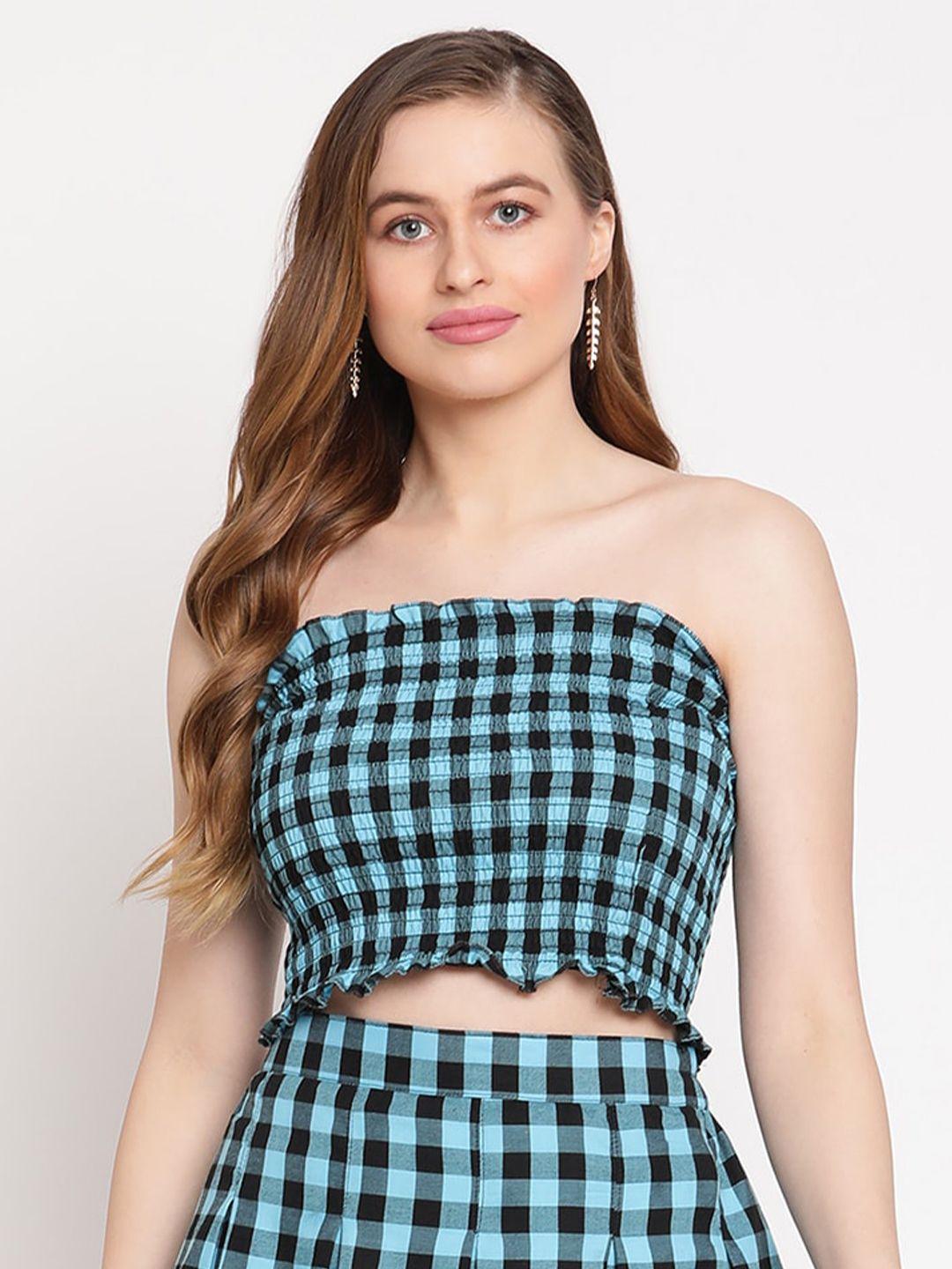 tag 7 blue & black checked tube crop top