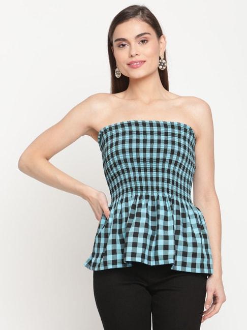 tag 7 blue cotton chequered peplum top