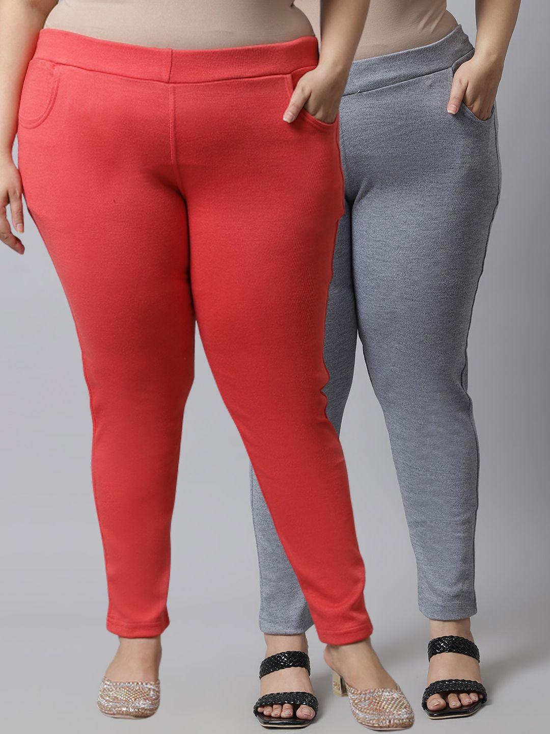 tag 7 plus plus size women pack of 2 peach & grey solid ankle-length woolen leggings
