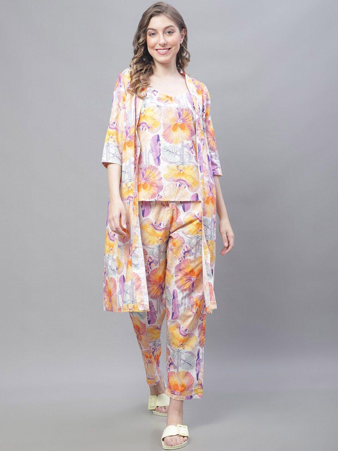 tag 7 tropical print cotton top with trousers & long shrug