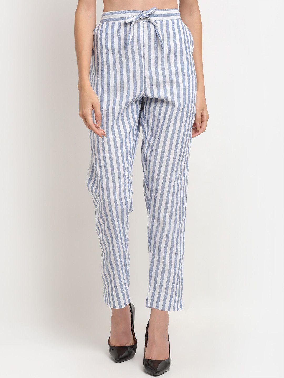 tag 7 women blue striped straight fit trousers