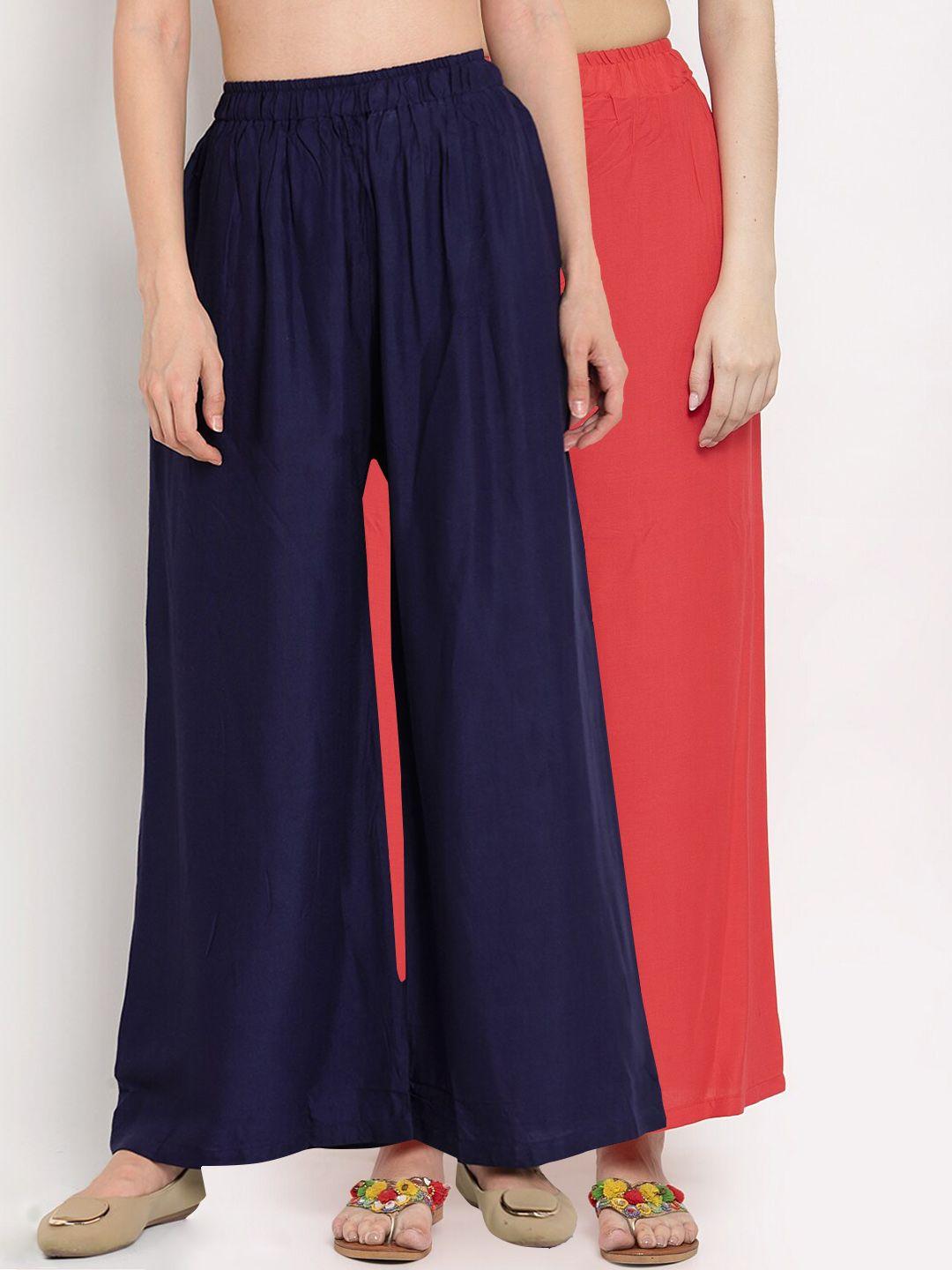 tag 7 women coral & navy blue solid wide leg palazzos