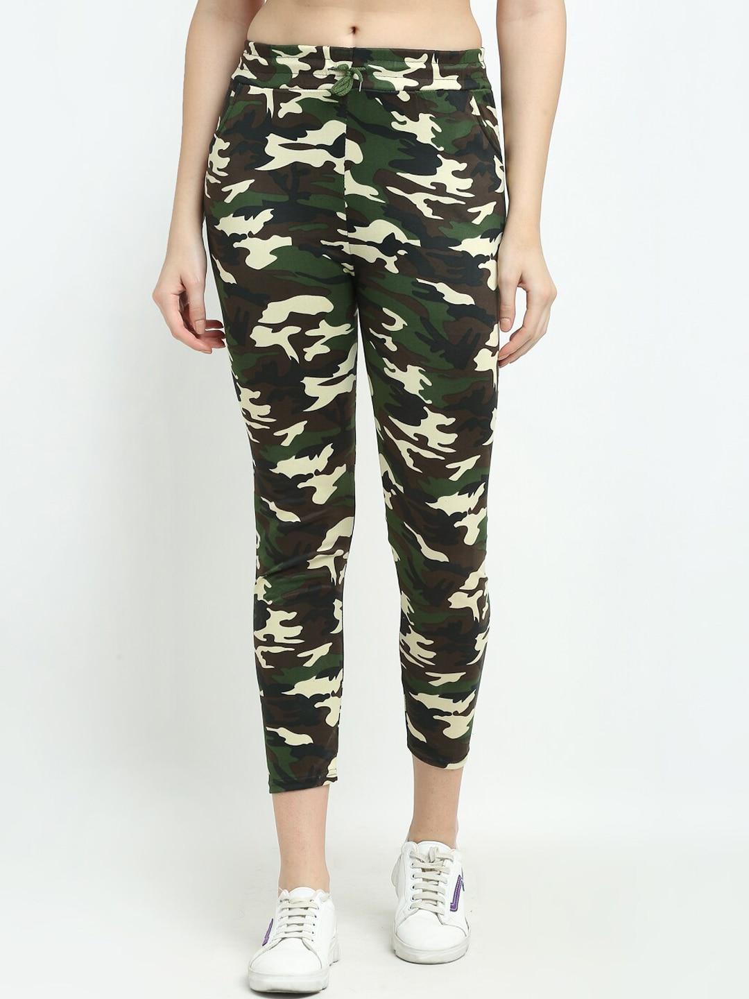 tag 7 women green & beige camouflage printed trousers