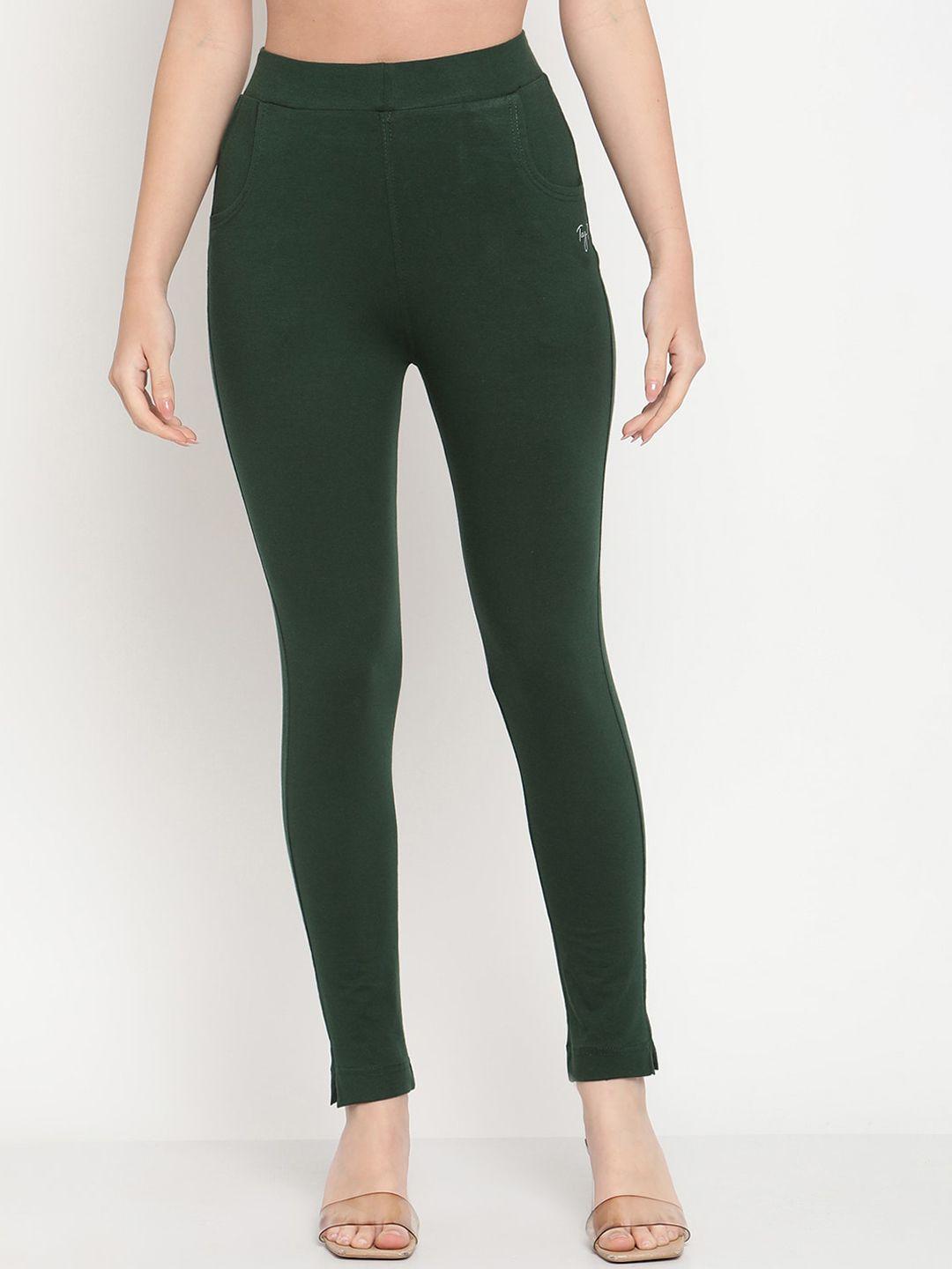 tag 7 women green solid ankle length leggings