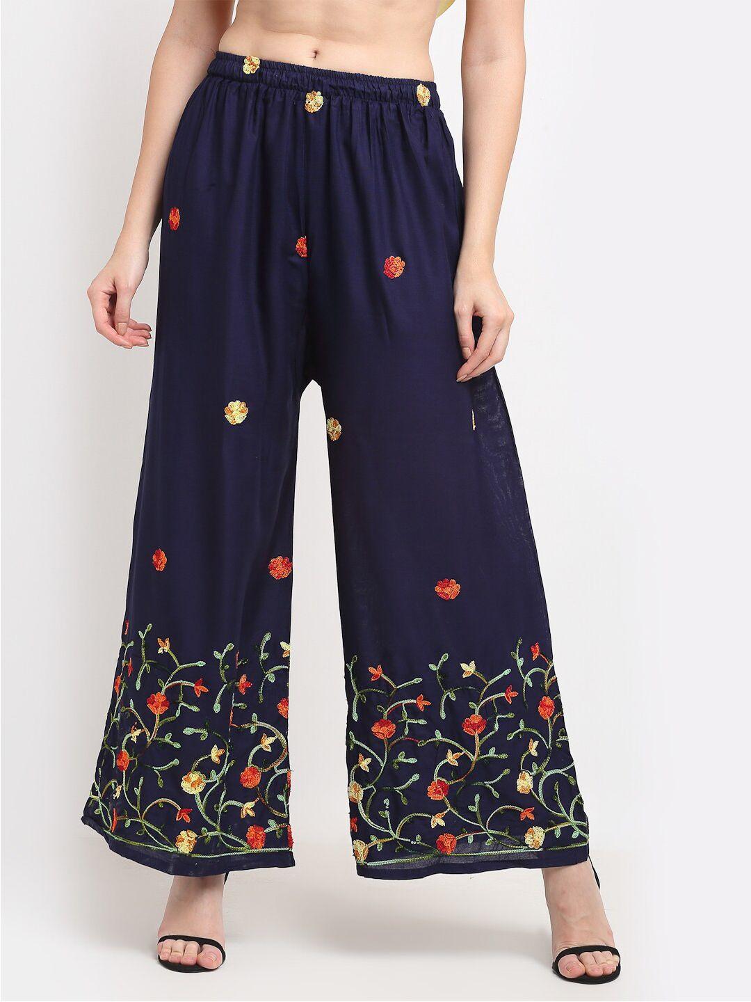 tag 7 women navy blue & red floral embroidered flared ethnic palazzos