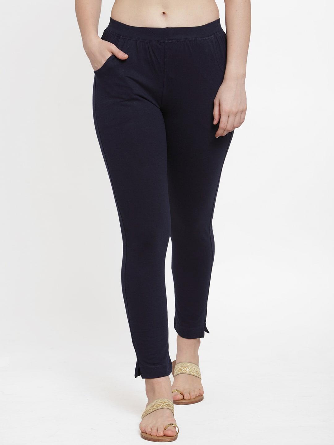 tag 7 women navy blue solid ankle-length leggings