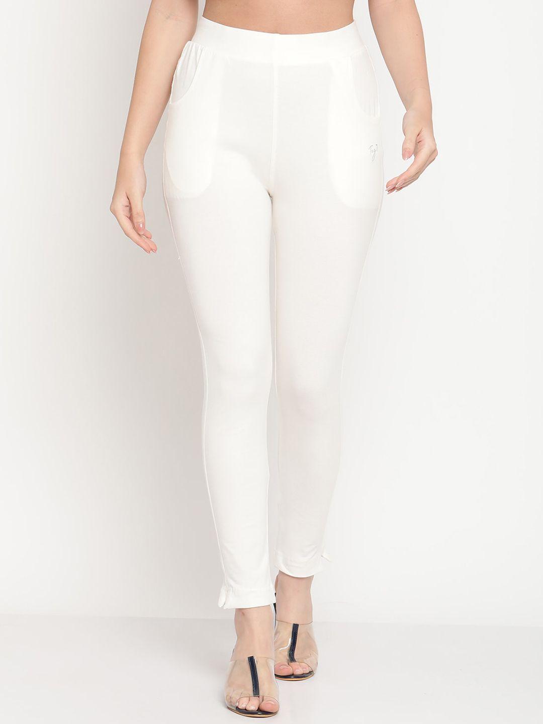 tag 7 women off-white solid ankle-length leggings