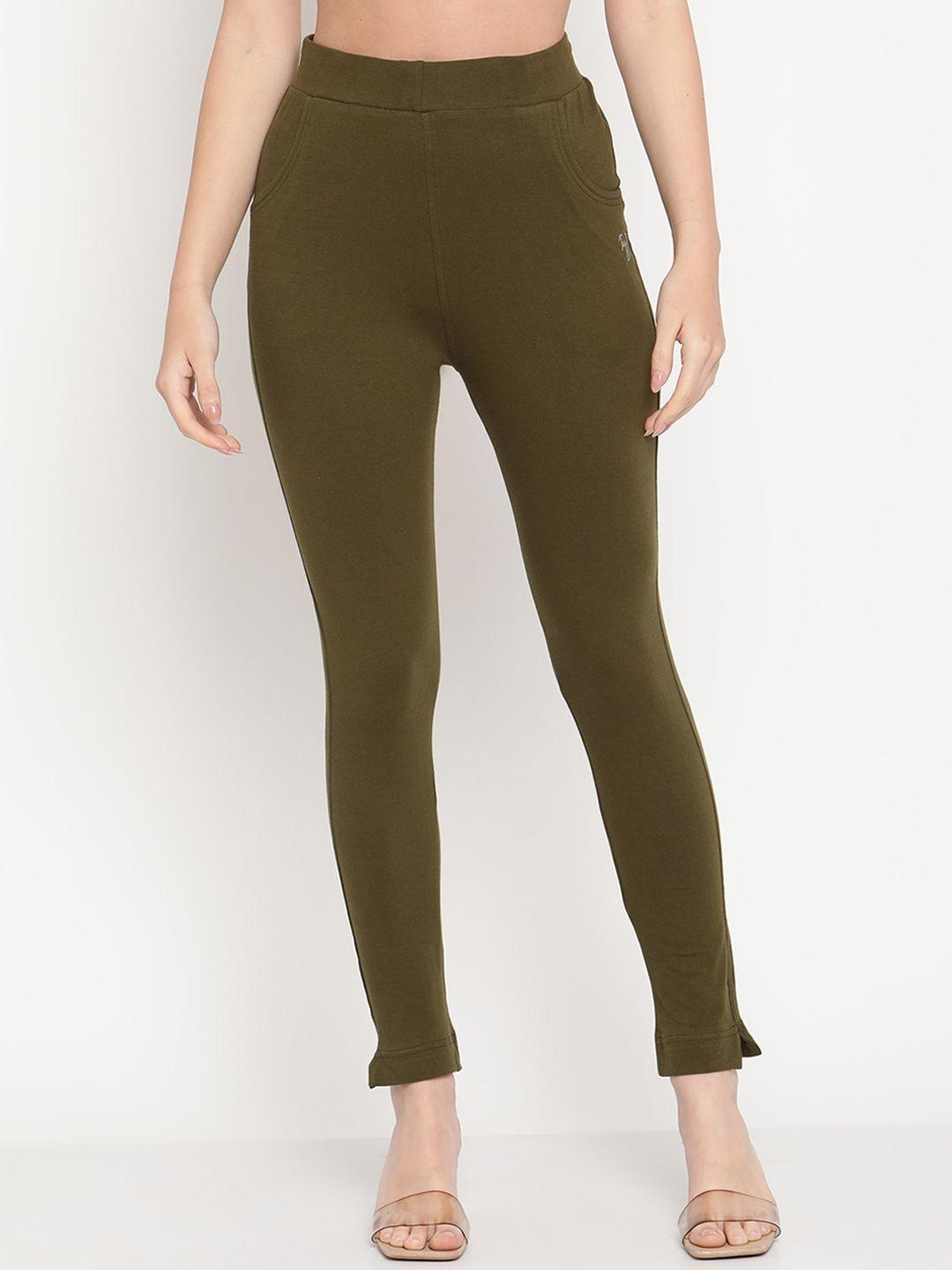 tag 7 women olive green solid ankle-length leggings