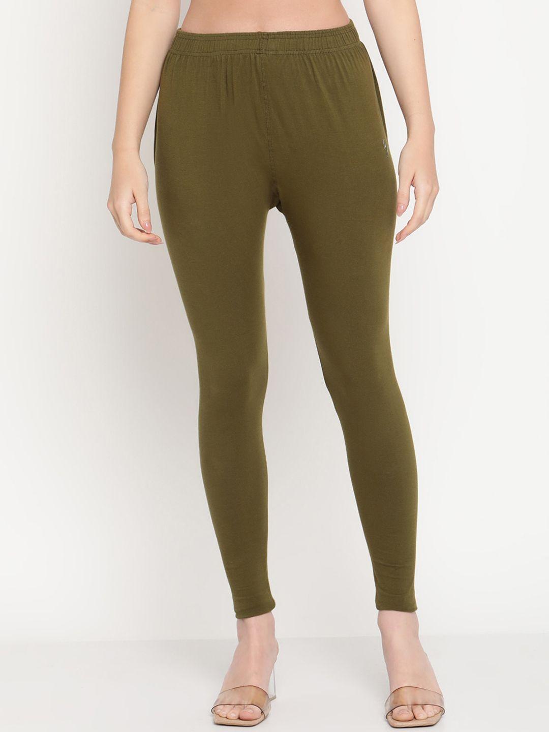 tag 7 women olive green women solid comfort fit ankle-length cotton leggings