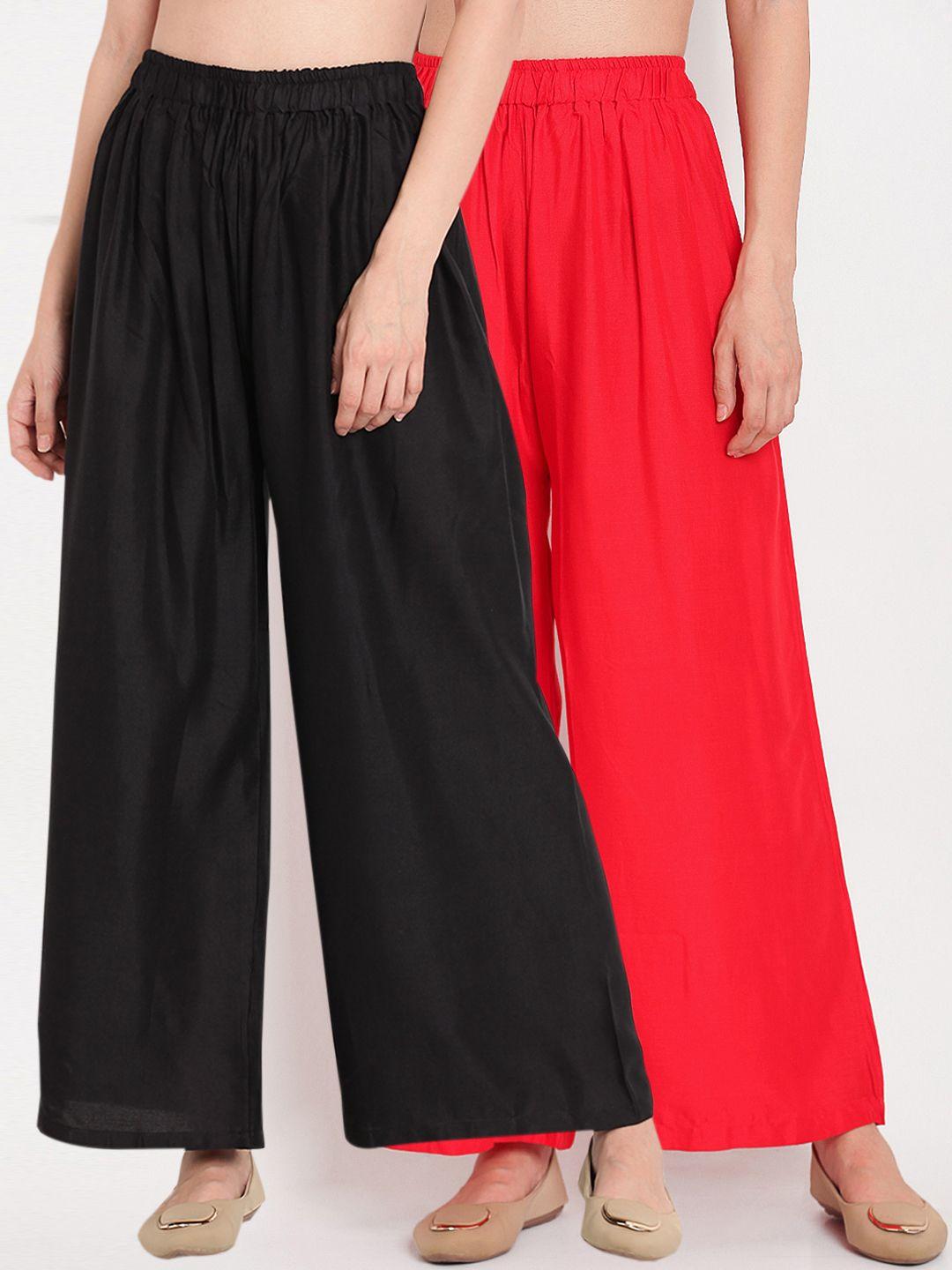 tag 7 women pack of 2 black & red solid flared palazzos