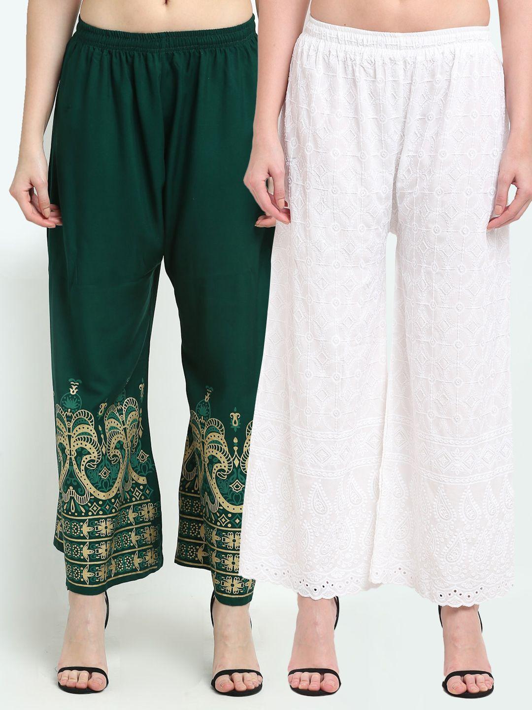 tag 7 women pack of 2 white & green ethnic motifs printed wide leg palazzos