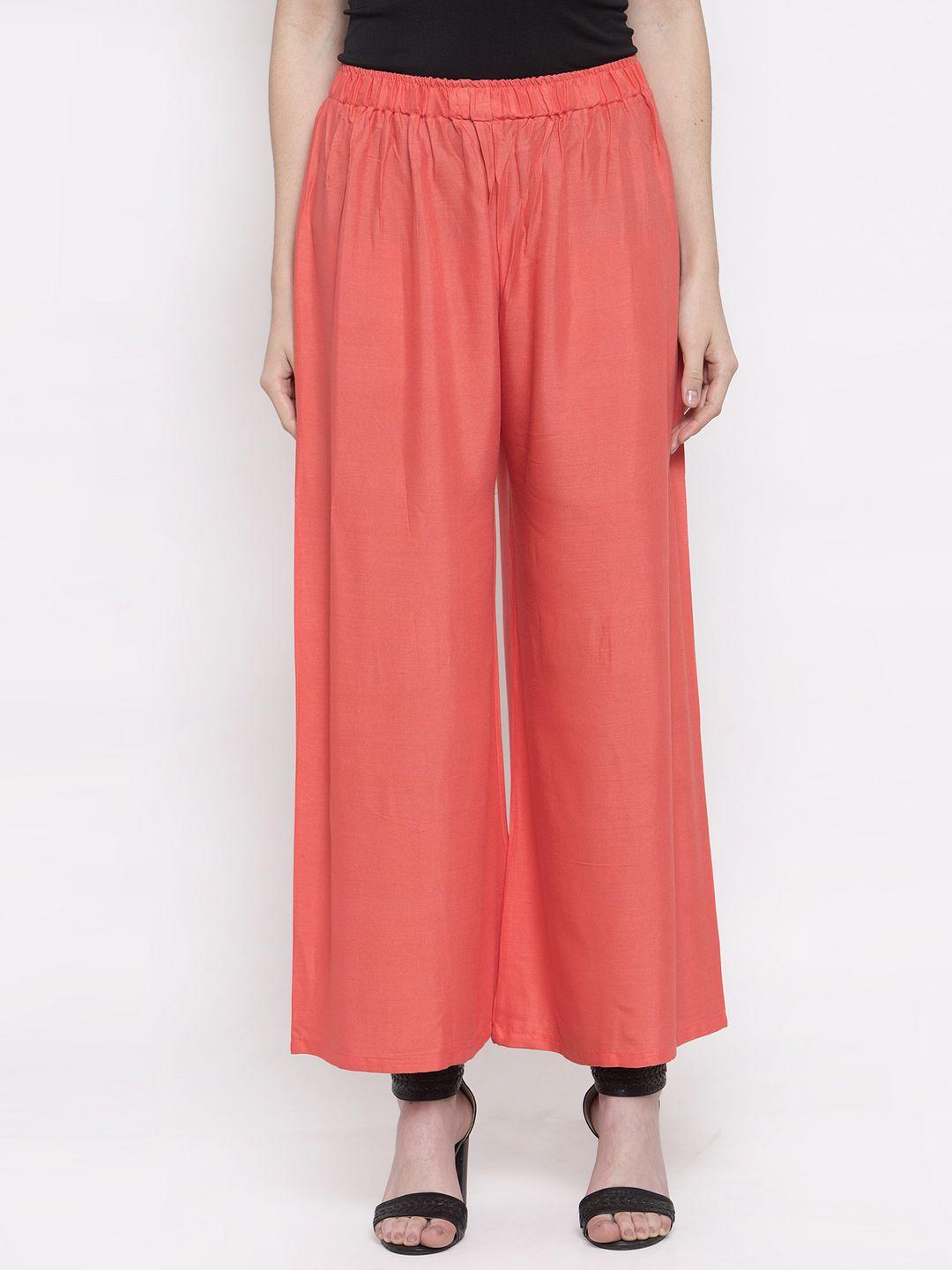 tag 7 women peach-coloured solid flared palazzos