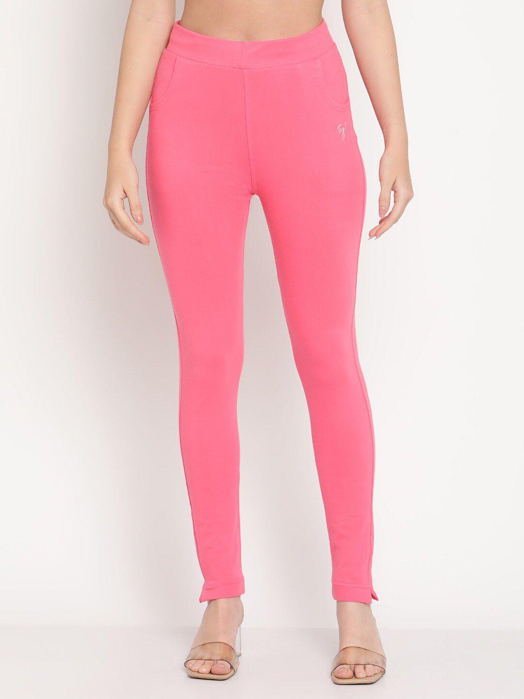 tag 7 women pink solid comfortable fit cotton jeggings
