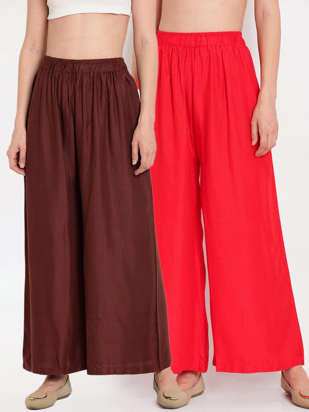 tag 7 women red & brown set of 2 flared ethnic palazzos