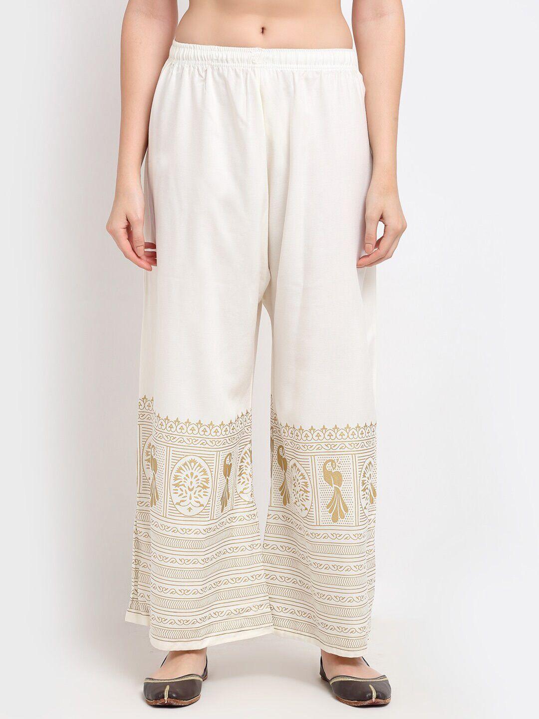tag 7 women white & gold-toned ethnic motifs printed flared ethnic palazzos