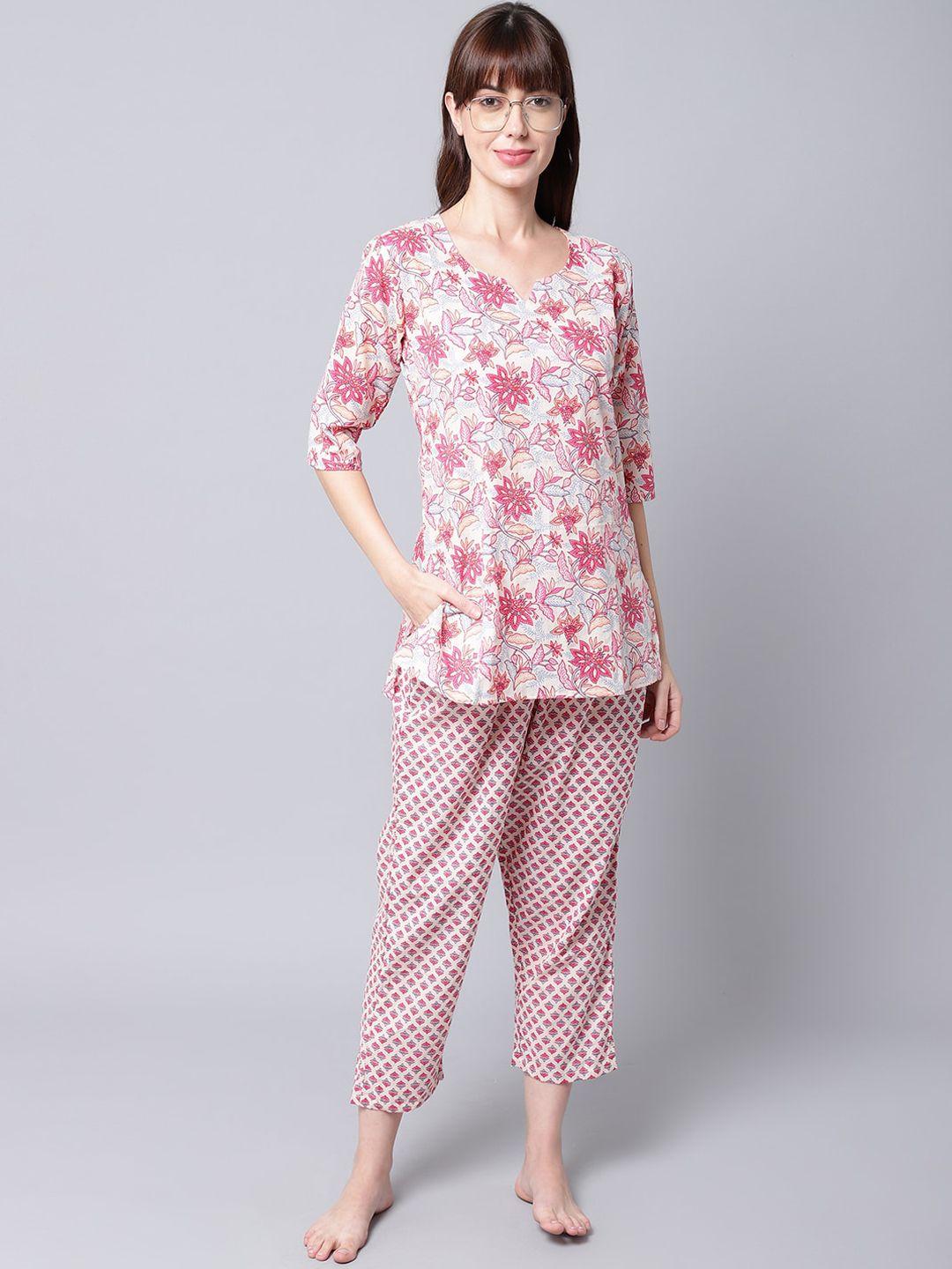 tag 7 women white & pink pure cotton printed night suit