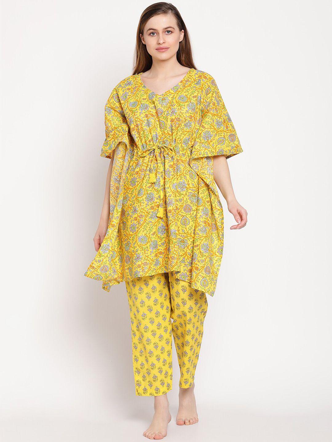 tag 7 women yellow & blue printed kaftan night suit