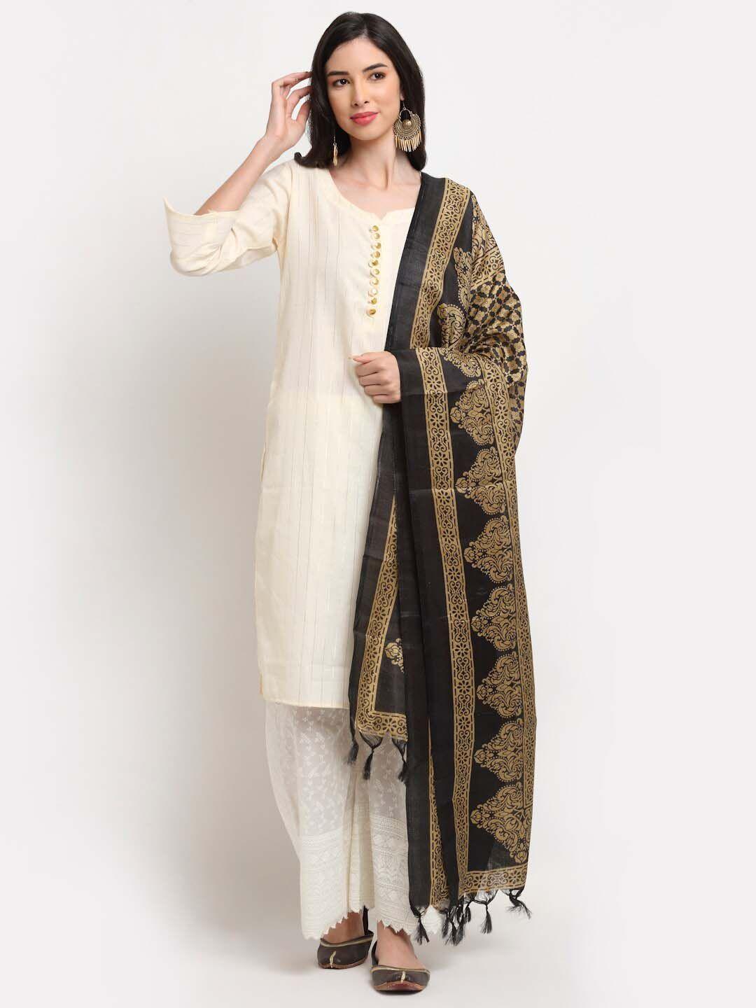 tag 7 black & beige ethnic motifs printed cotton silk dupatta