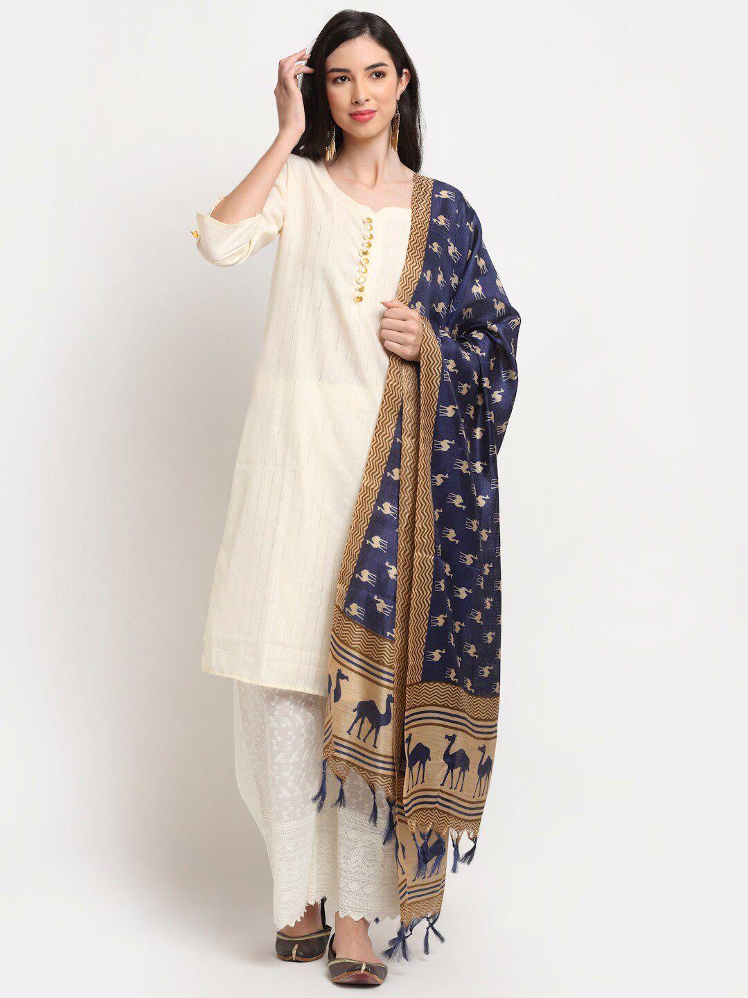 tag 7 blue & beige ethnic motifs printed cotton silk dupatta