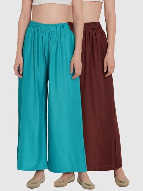 tag 7 blue & brown cotton palazzos - pack of 2