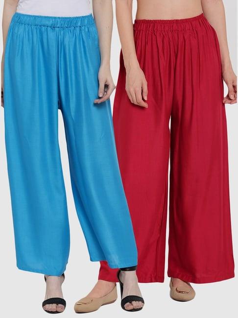 tag 7 blue & maroon cotton palazzos - pack of 2