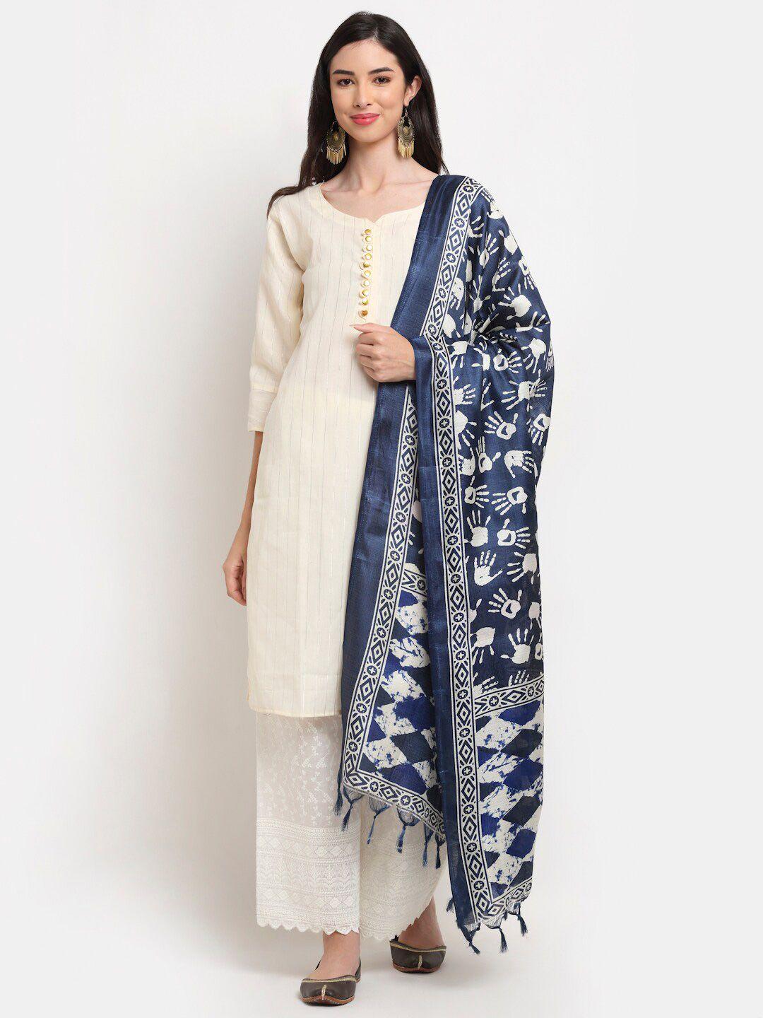 tag 7 blue & off white printed cotton silk dupatta