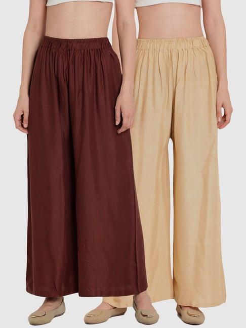 tag 7 brown & beige cotton palazzos - pack of 2