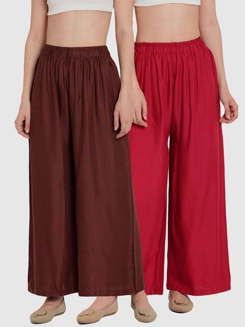 tag 7 brown & maroon cotton palazzos - pack of 2