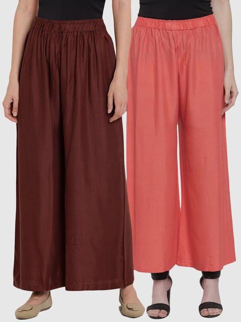 tag 7 brown & peach cotton palazzos - pack of 2